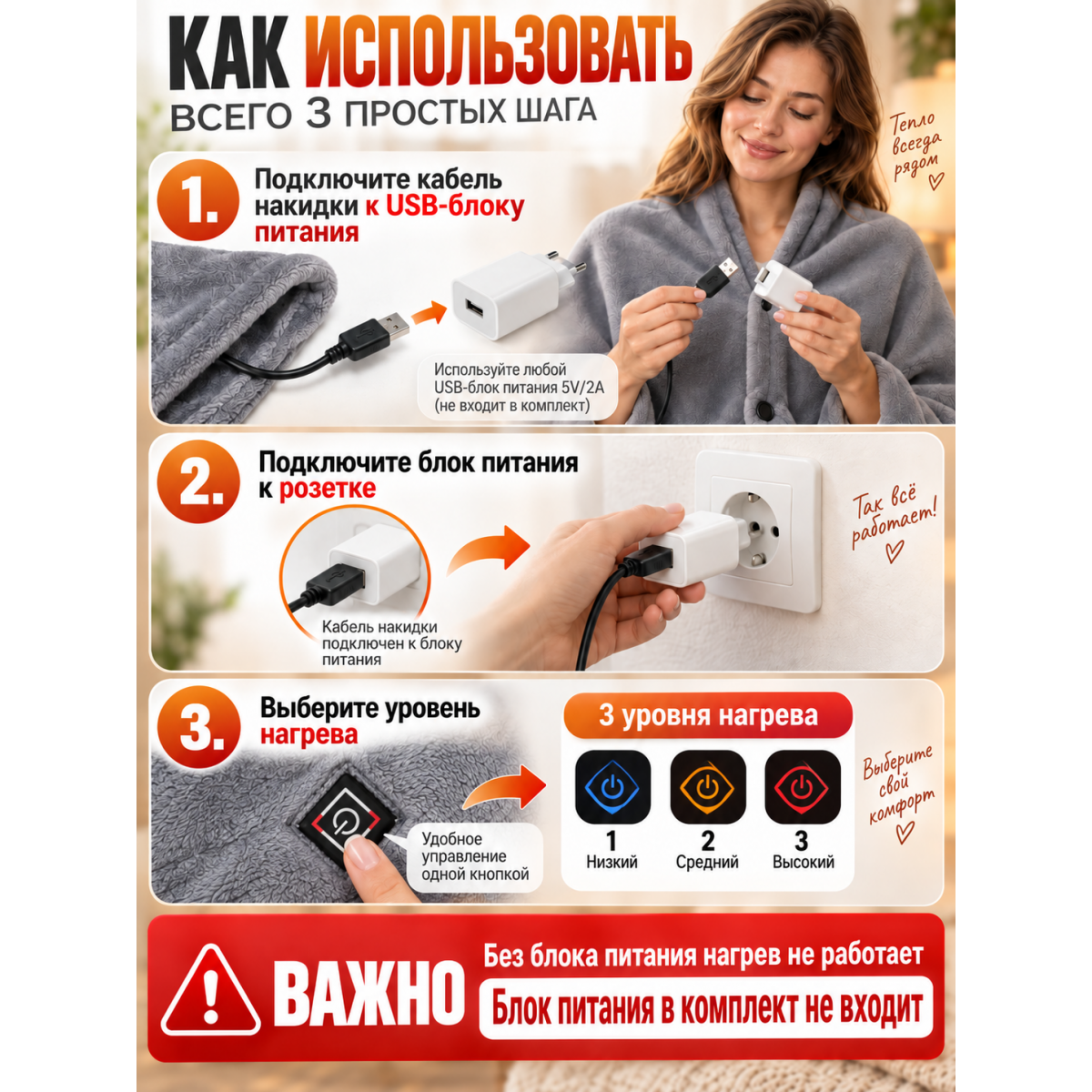 Плед накидка электрическая с подогревом