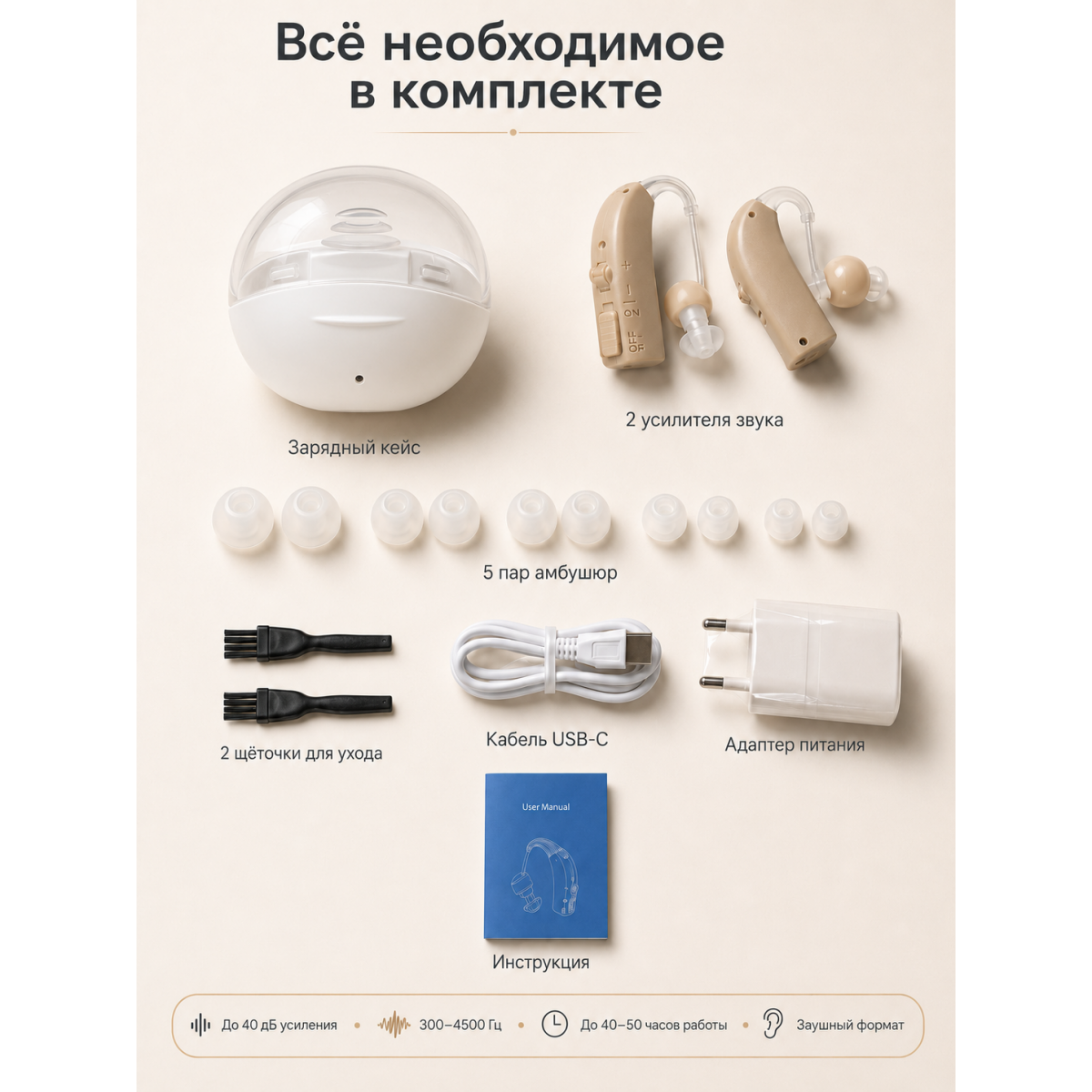 Усилитель звука заушный аккумуляторный с зарядным кейсом