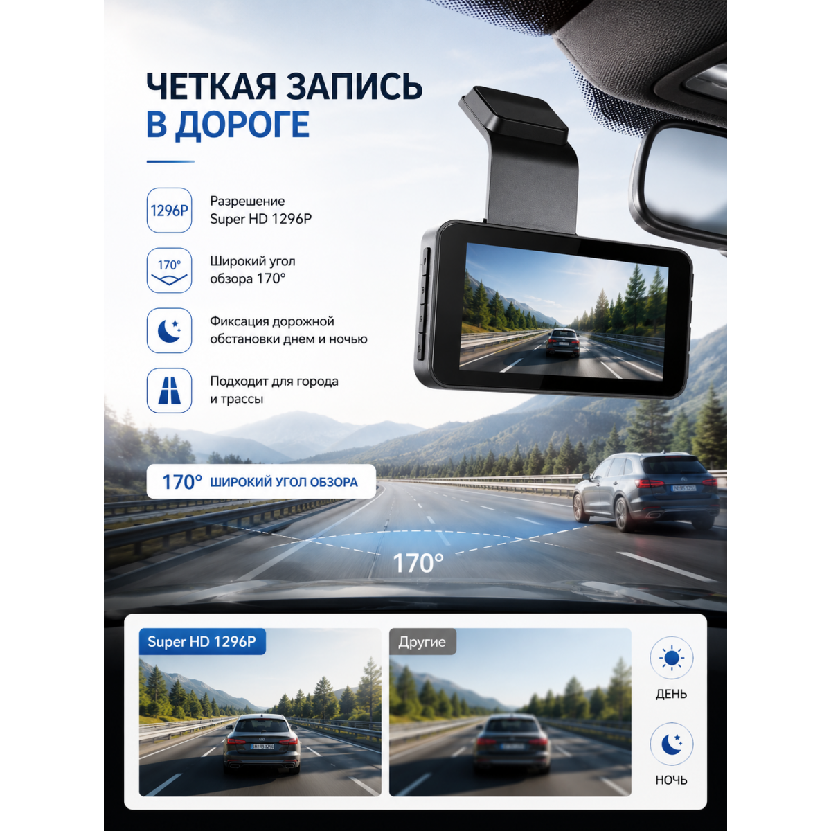 Видеорегистратор автомобильный 1296P с Wi-Fi и камерой заднего вида