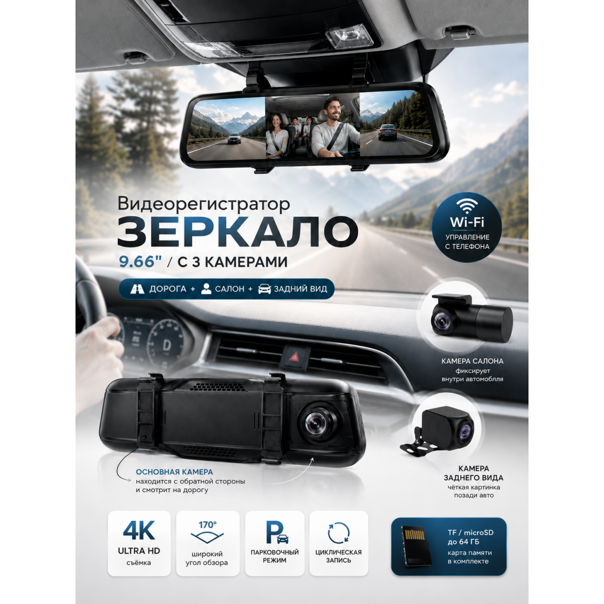 Видеорегистратор зеркало 9.66″ 4K с камерой заднего вида