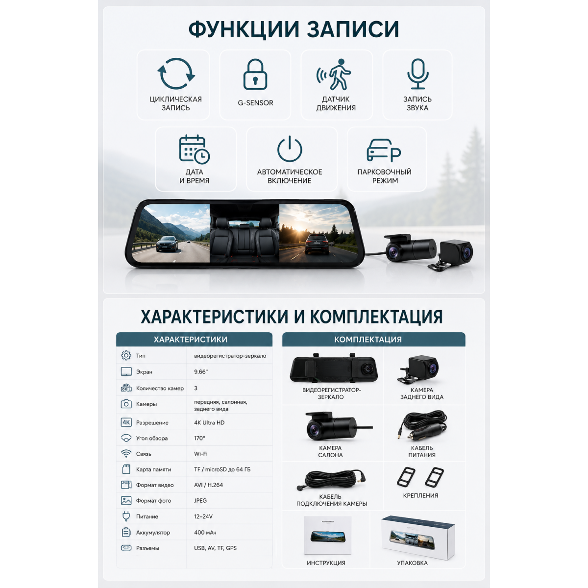 Видеорегистратор зеркало 9.66″ 4K с камерой заднего вида