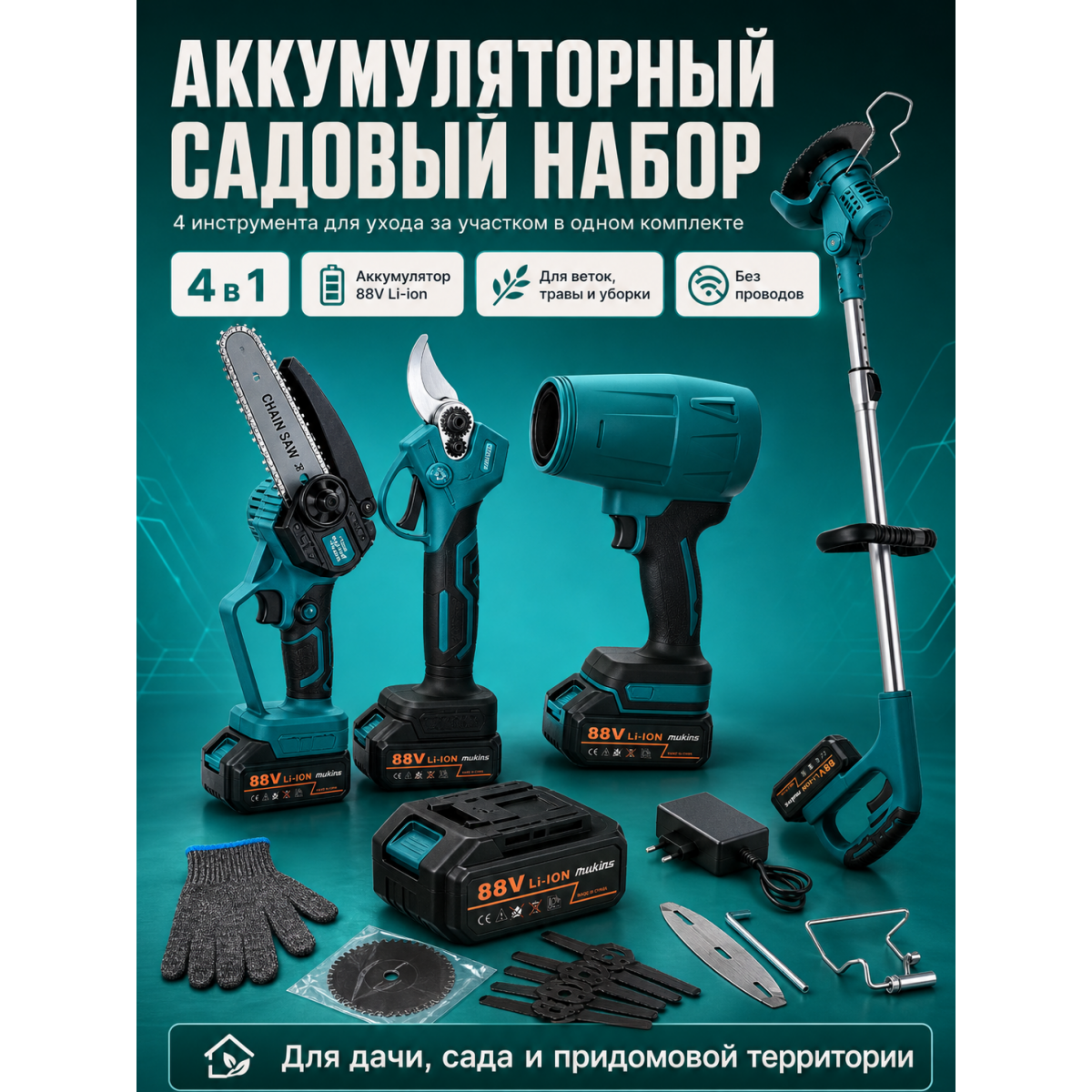 Аккумуляторный садовый набор 4 в 1: мини цепная пила, электрический секатор, триммер и воздуходувка