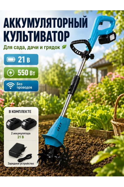 Аккумуляторный культиватор рыхлитель почвы 21В садовый электрический рыхлитель на телескопической штанге