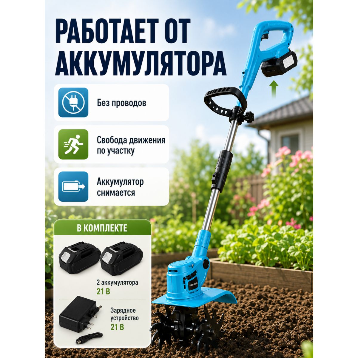 Аккумуляторный культиватор рыхлитель почвы 21В садовый электрический рыхлитель на телескопической штанге
