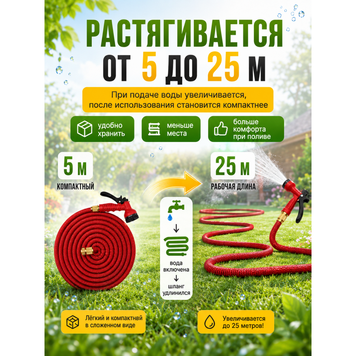 Шланг садовый растягивающийся Magic Garden Hose 5–25 м с пистолетом-распылителем