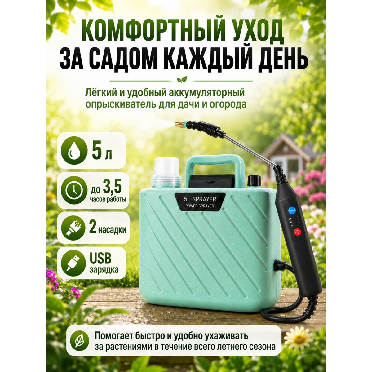 Опрыскиватель аккумуляторный садовый 5 л с USB зарядкой