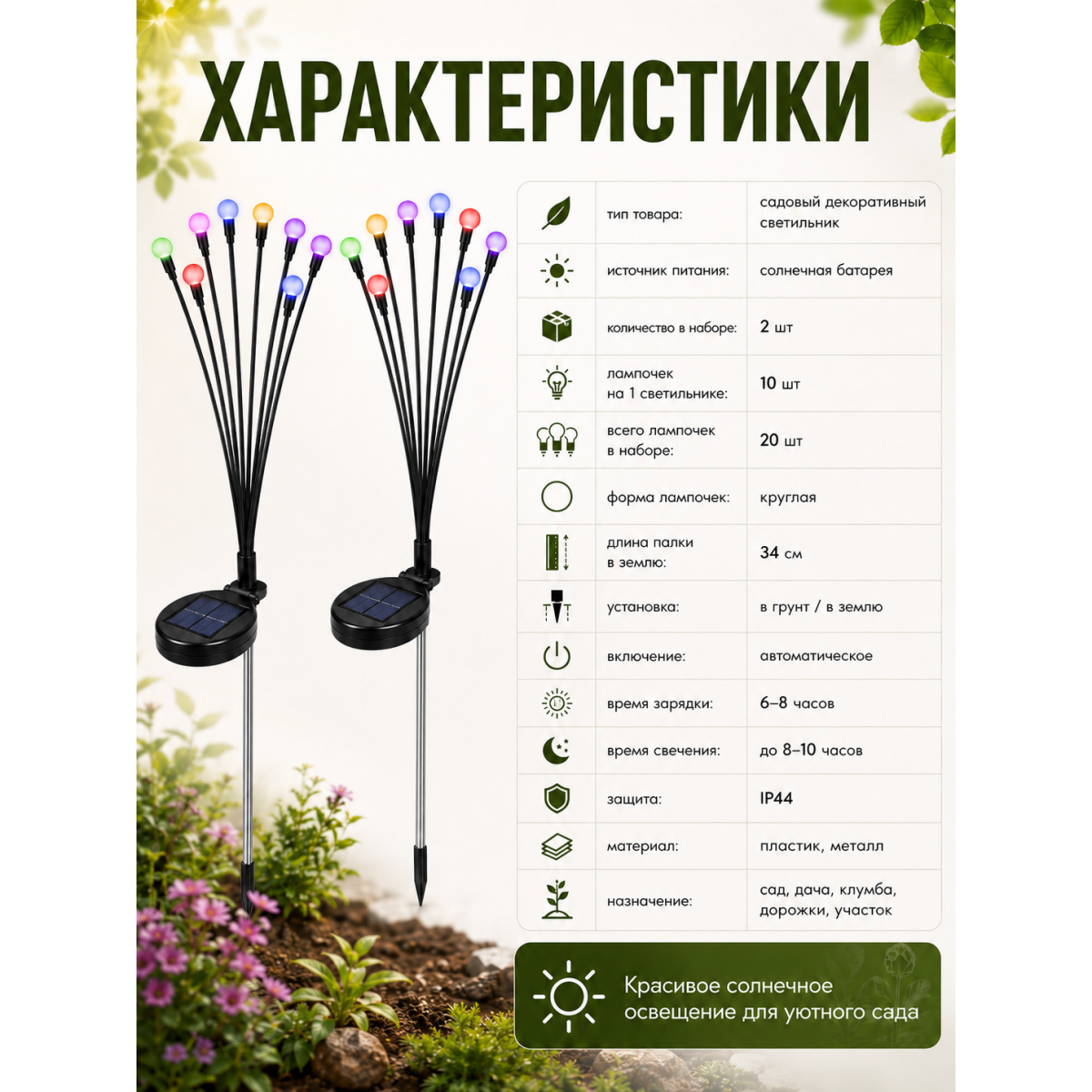 Садовые светильники на солнечной батарее 2 шт