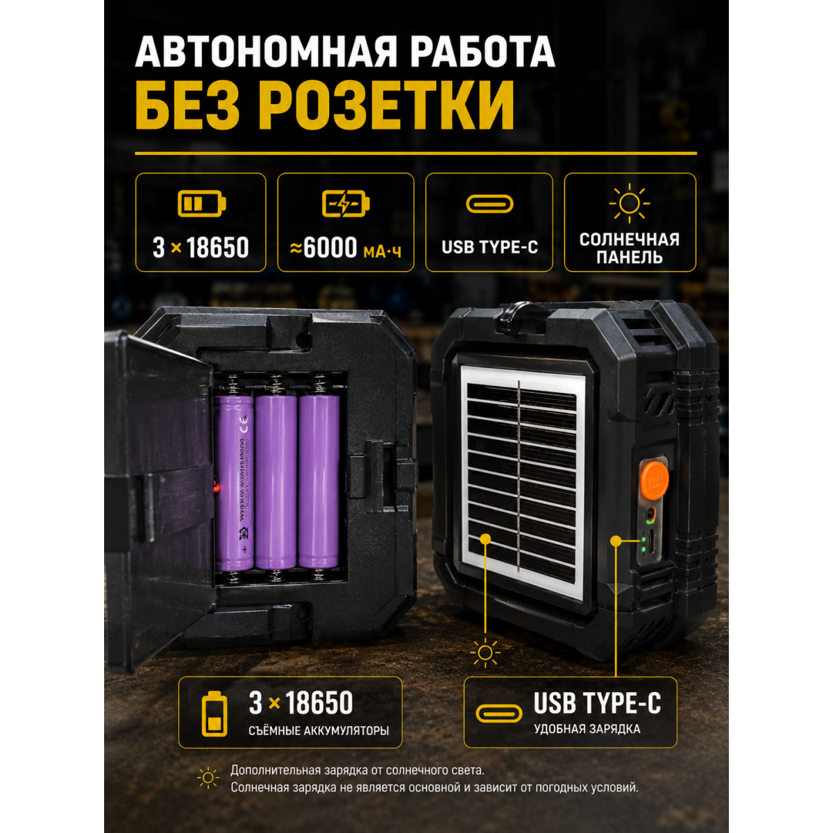 Аккумуляторный светодиодный прожектор с солнечной панелью