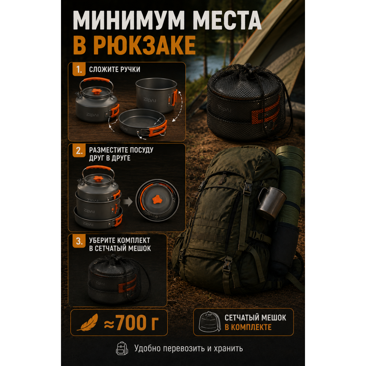 Набор походной алюминиевой посуды ZP-301 4 предмета
