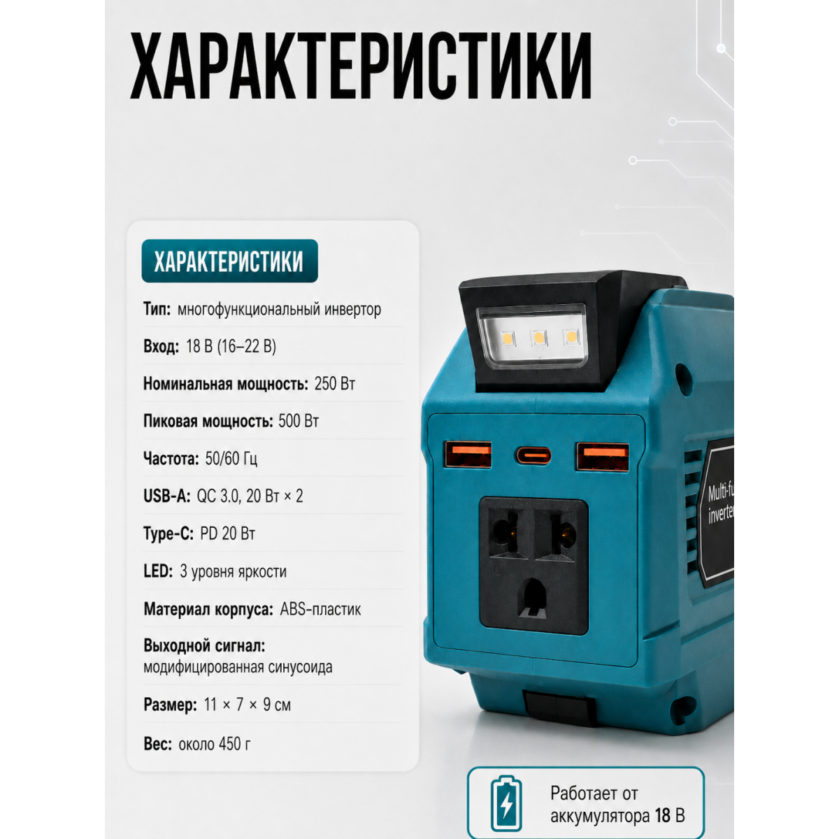 Инвертор для аккумулятора 18 В, 250/500 Вт, розетка AC, 2 USB QC 3.0, Type-C PD 20 Вт, LED-фонарь