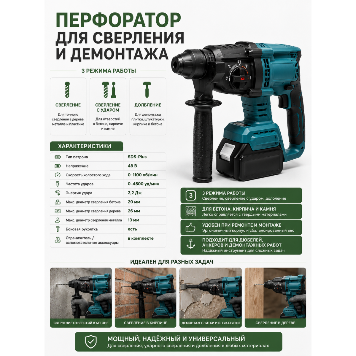 Набор аккумуляторных инструментов 4 в 1: перфоратор, шуруповёрт, гайковёрт и болгарка