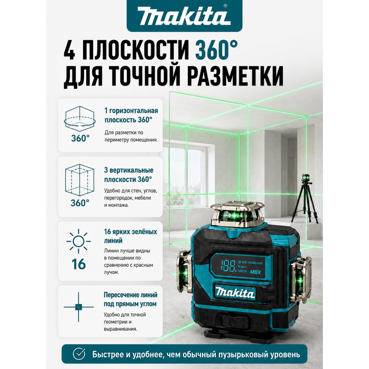 Лазерный уровень Makita 4D 16 линий 360° с зелёным лучом