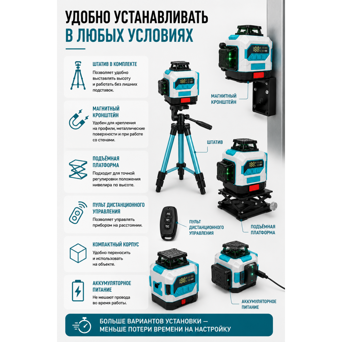 Лазерный уровень 3D 12 линий 360° с зелёным лучом