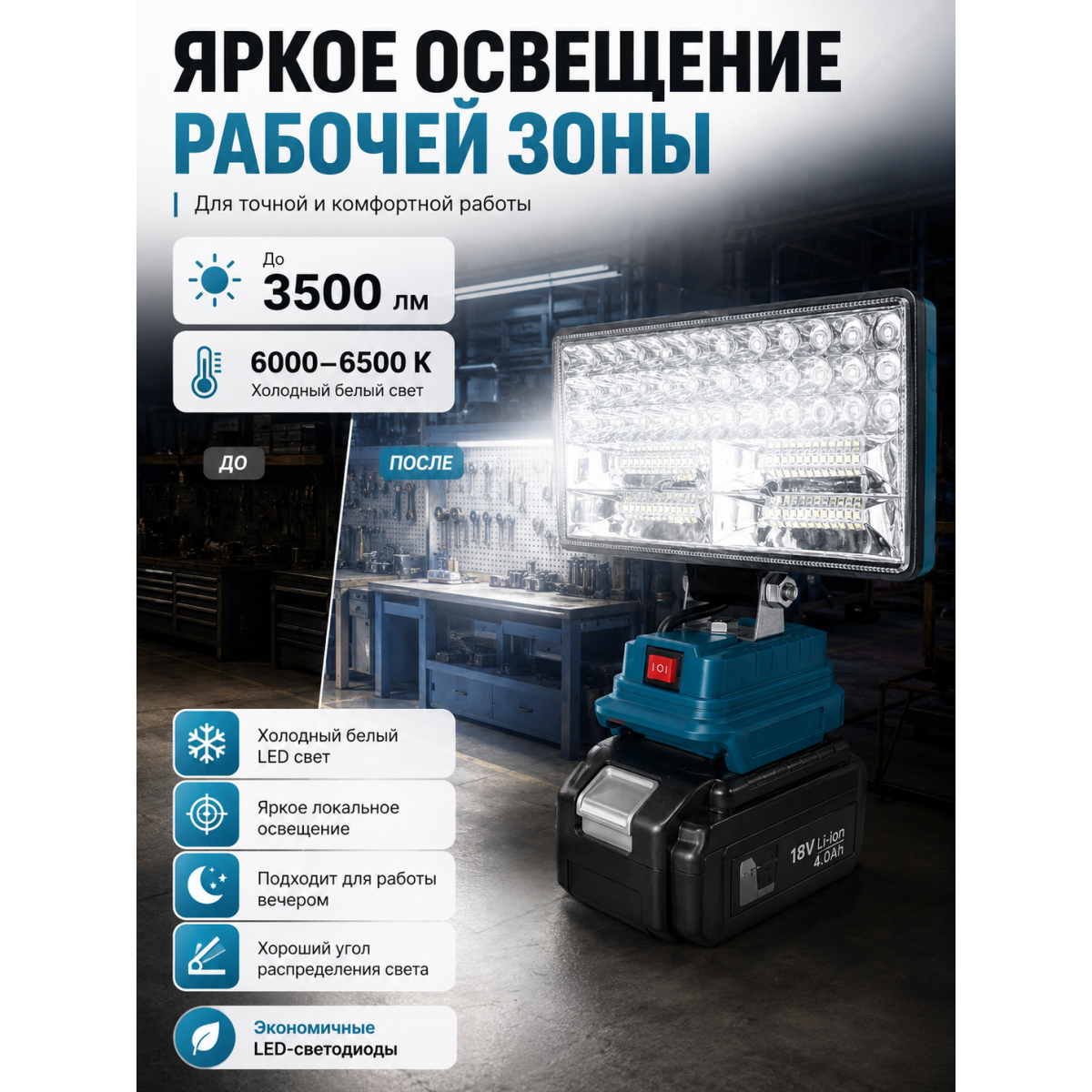 Аккумуляторный LED прожектор 8″ для гаража, ремонта и дачи, рабочий светильник 22 х 10,5 см, без АКБ