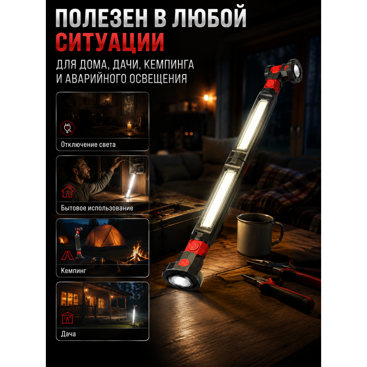 Рабочий светильник 2 в 1 аккумуляторный с магнитом и крючком