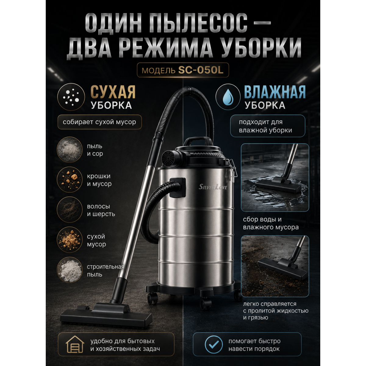 Промышленный пылесос Silver Love SC-050L 9500 Вт