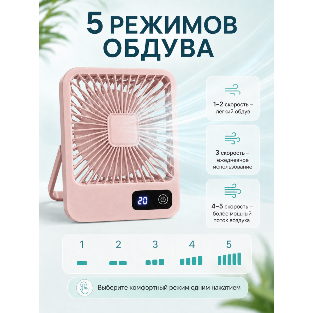 Портативный настольный вентилятор X3 розовый с LED-дисплеем
