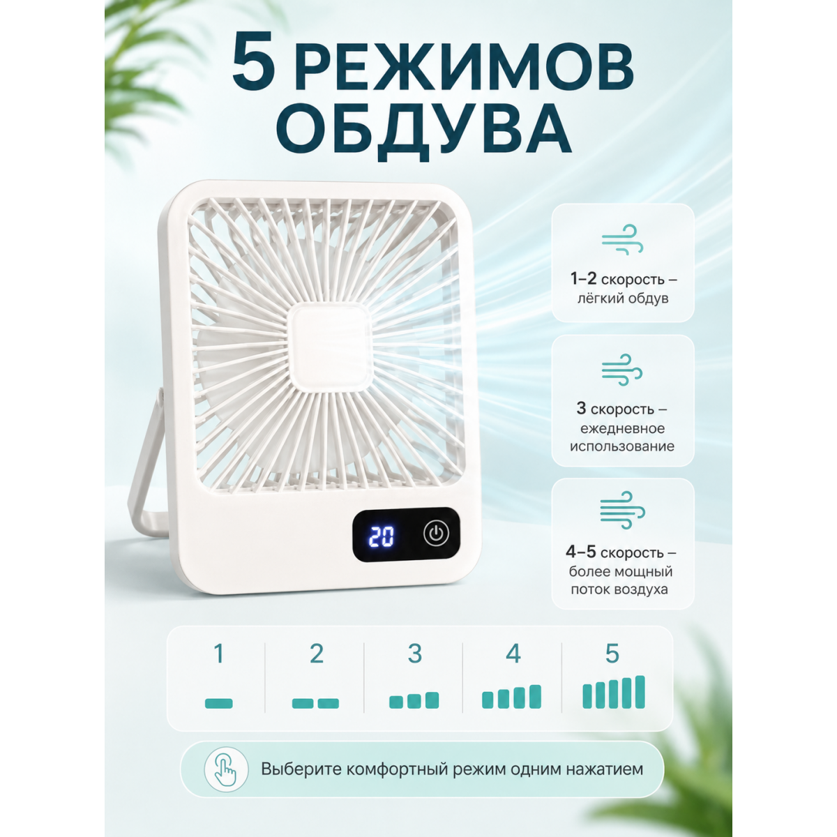Портативный настольный вентилятор X3 белый с LED-дисплеем