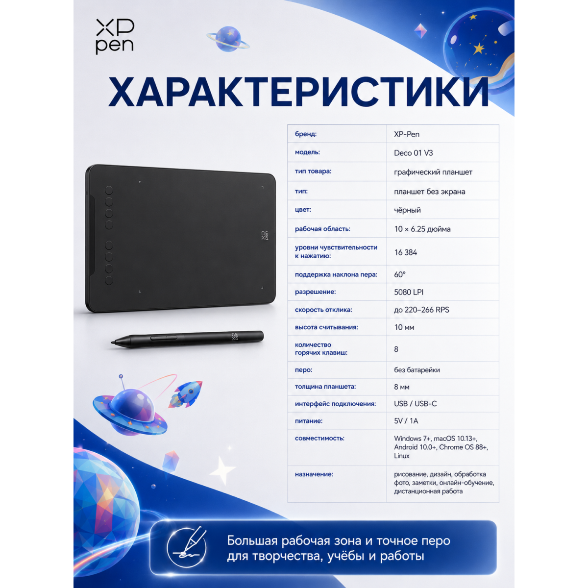 Графический планшет XP-Pen Deco 01 V3 черный для рисования