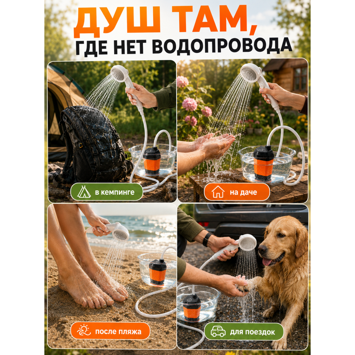 Портативный душ с аккумуляторным насосом для дачи и кемпинга