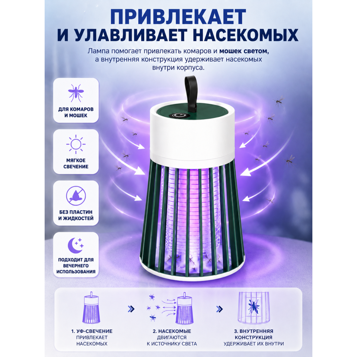 Лампа-ловушка от комаров USB 5 Вт, антимоскитная лампа с 2 режимами свечения, подвесная и настольная