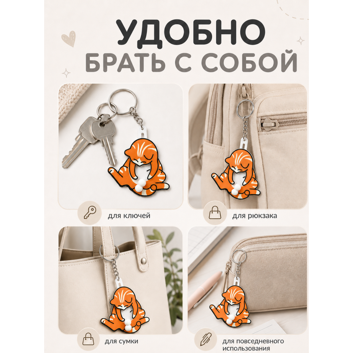 Брелок котик на ключи с подвижными элементами