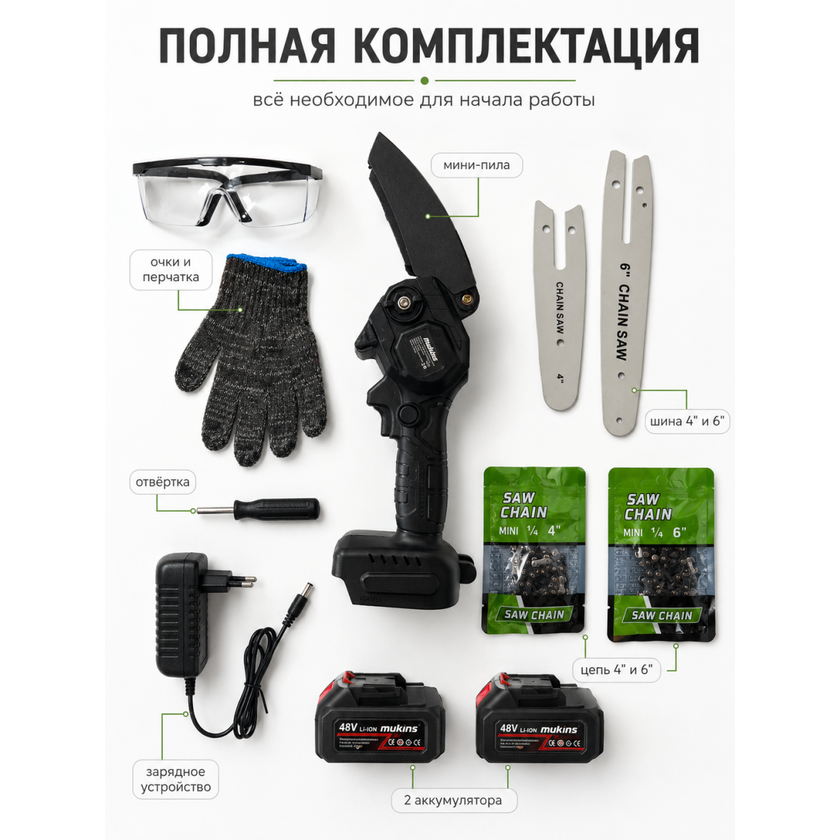 Аккумуляторная мини-пила цепная 21 В с 2 аккумуляторами, шинами 4 и 6 дюймов, цепями и защитными очками для са