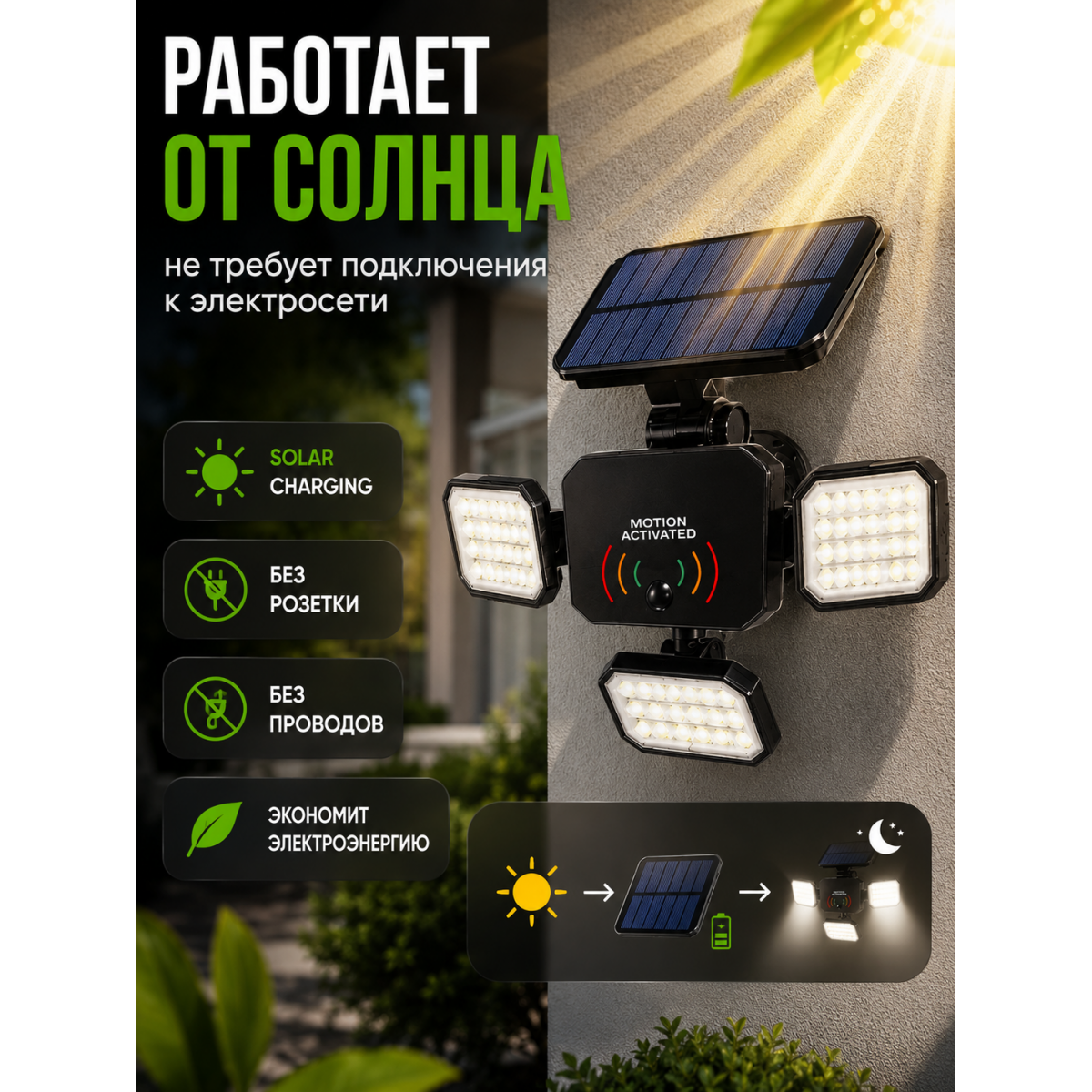 Уличный солнечный LED прожектор с датчиком движения Hop-8801