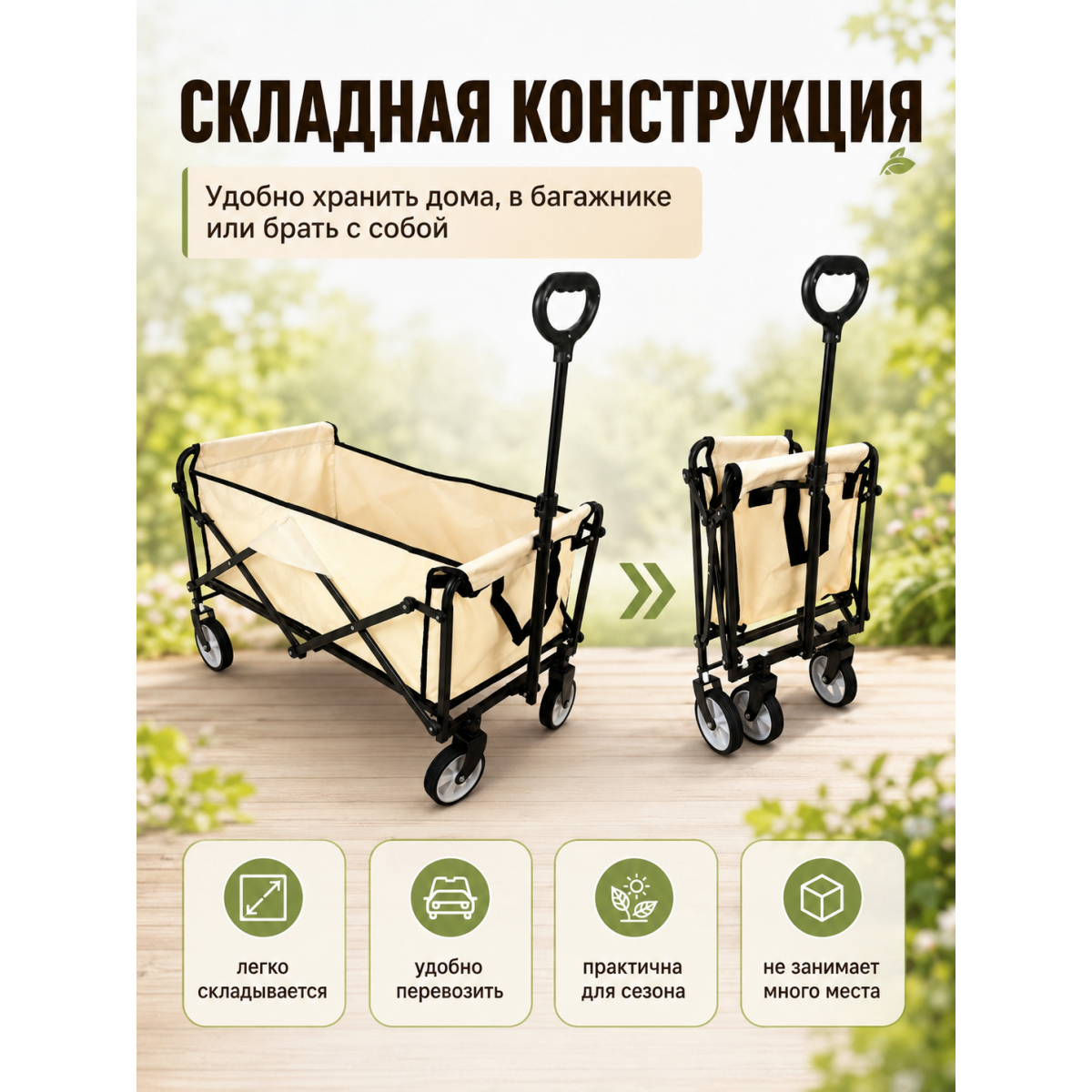 Тележка складная садовая на колесах 72×43×25 см