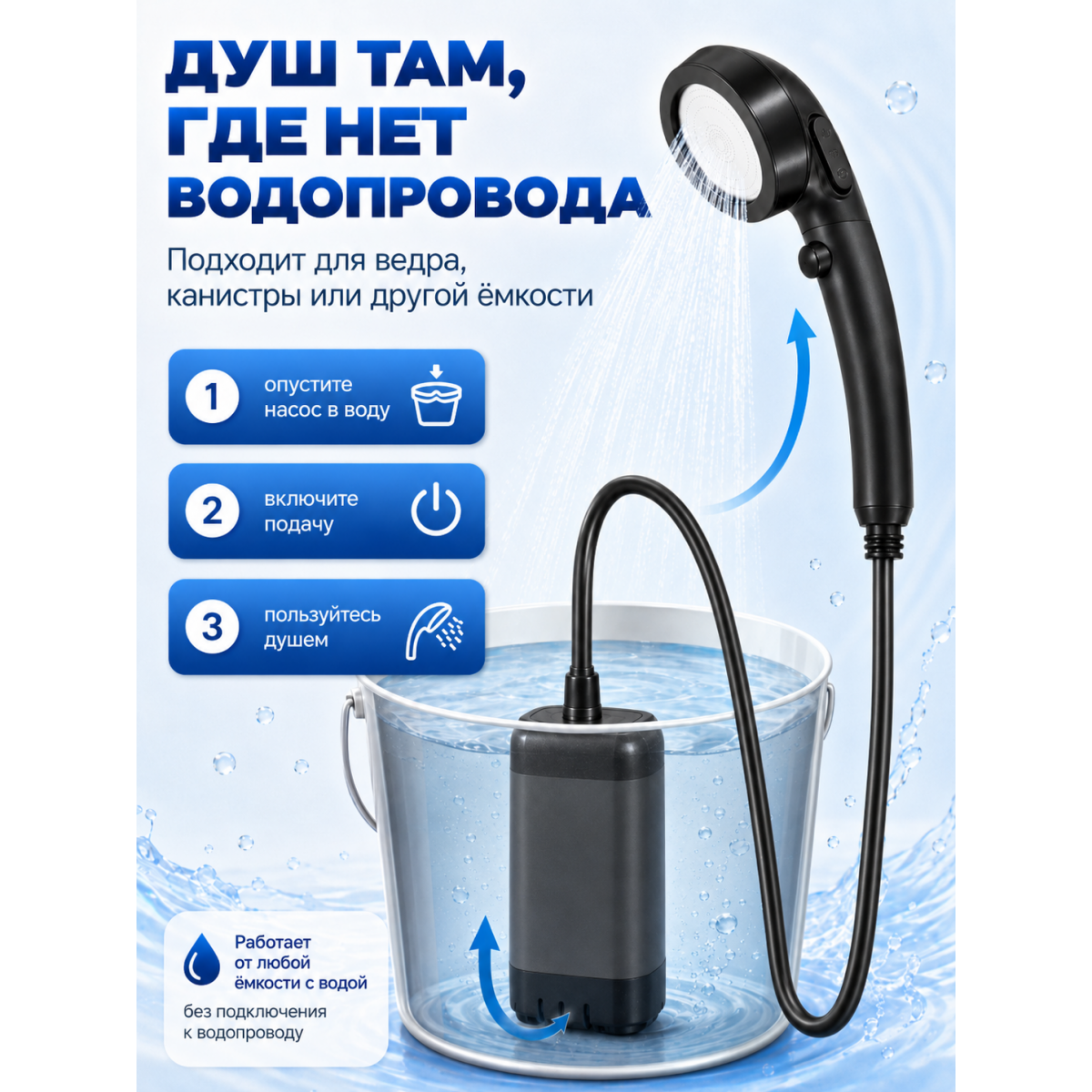 Портативный душ аккумуляторный туристический с насосом