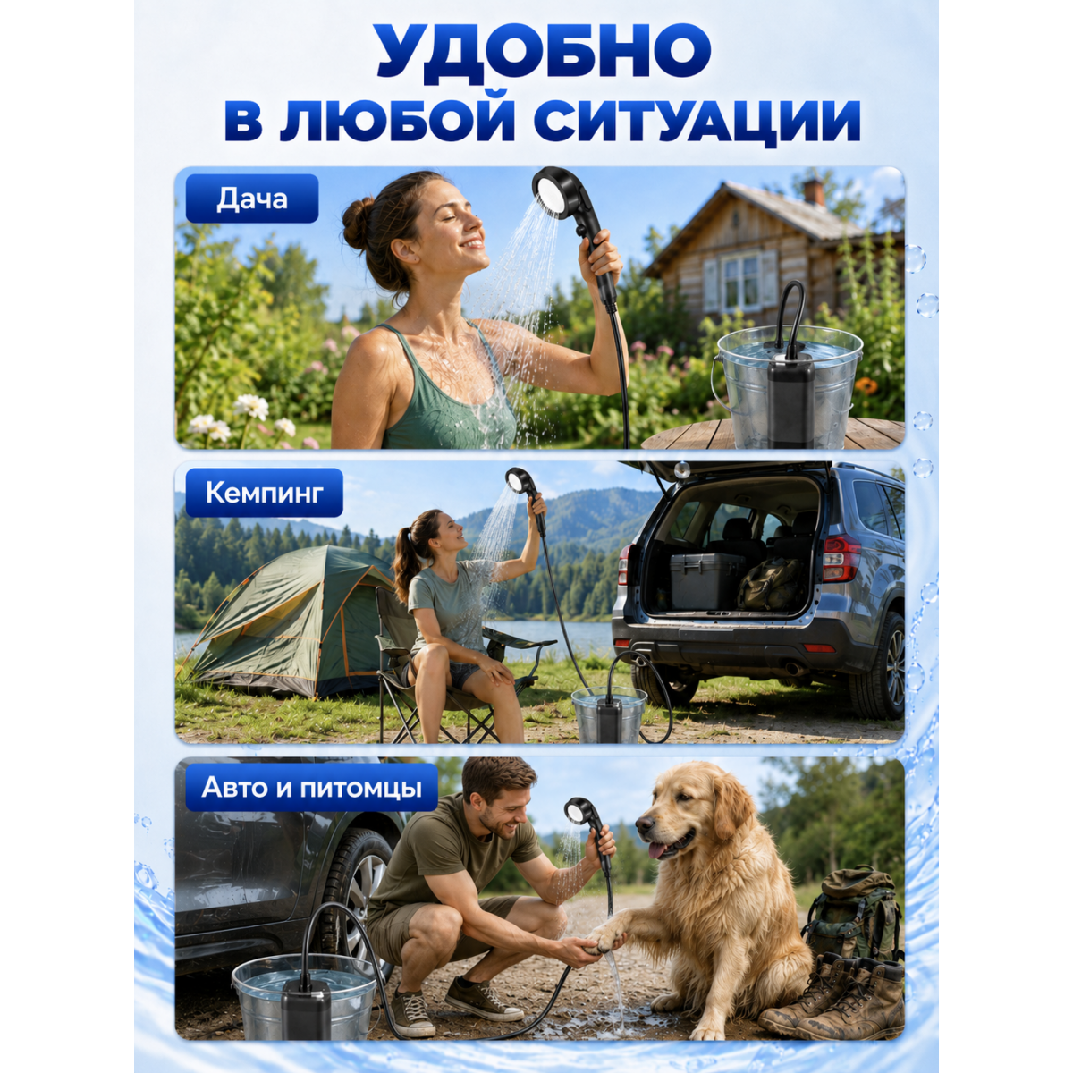 Портативный душ аккумуляторный туристический с насосом