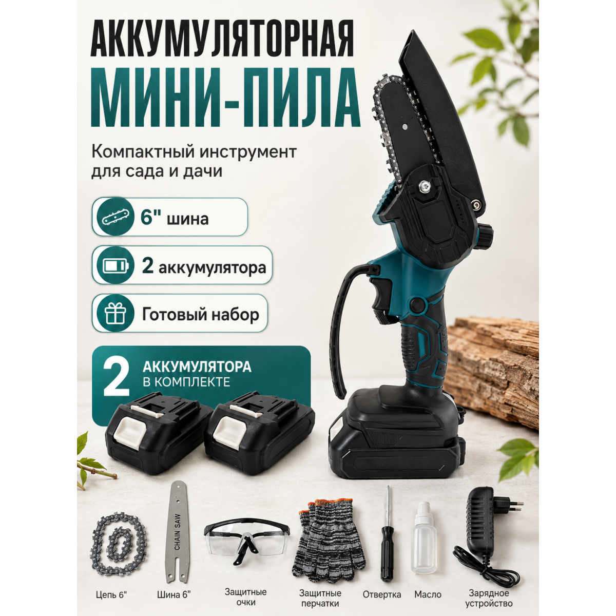 Аккумуляторная мини-пила 6 дюймов с 2 аккумуляторами