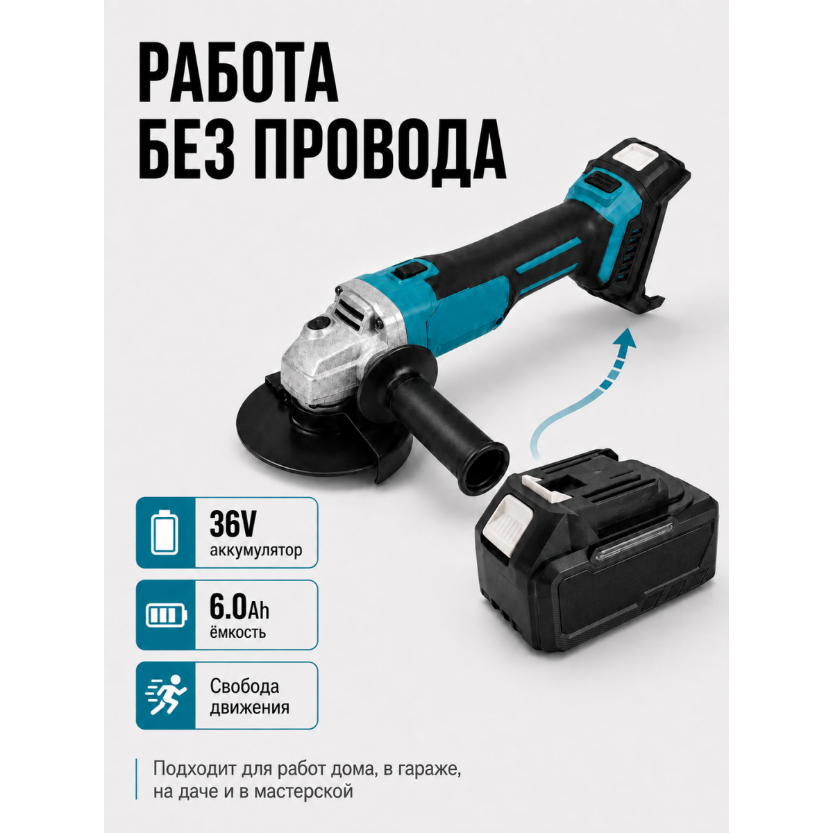 Аккумуляторная болгарка 36V 125 мм с аккумулятором 6.0Ah