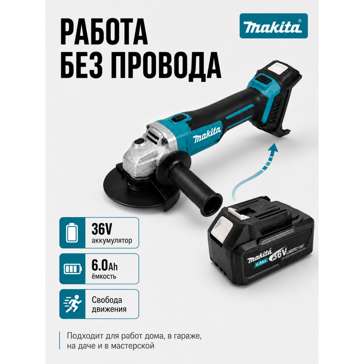 Аккумуляторная болгарка Makita 36V 125 мм с аккумулятором 6.0Ah