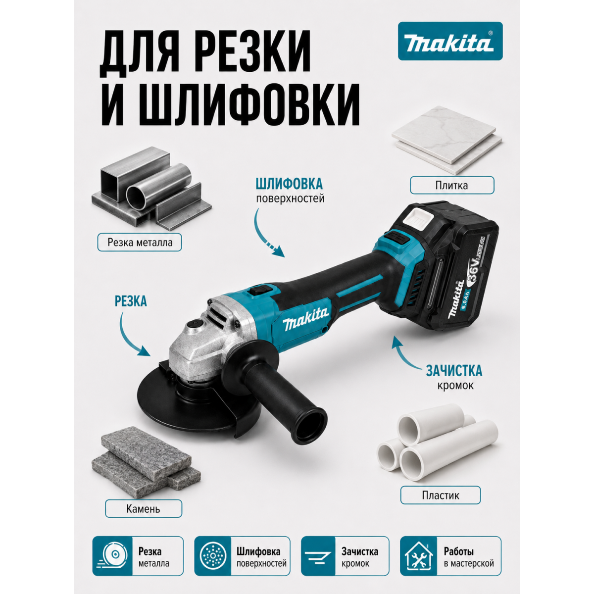 Аккумуляторная болгарка Makita 36V 125 мм с аккумулятором 6.0Ah