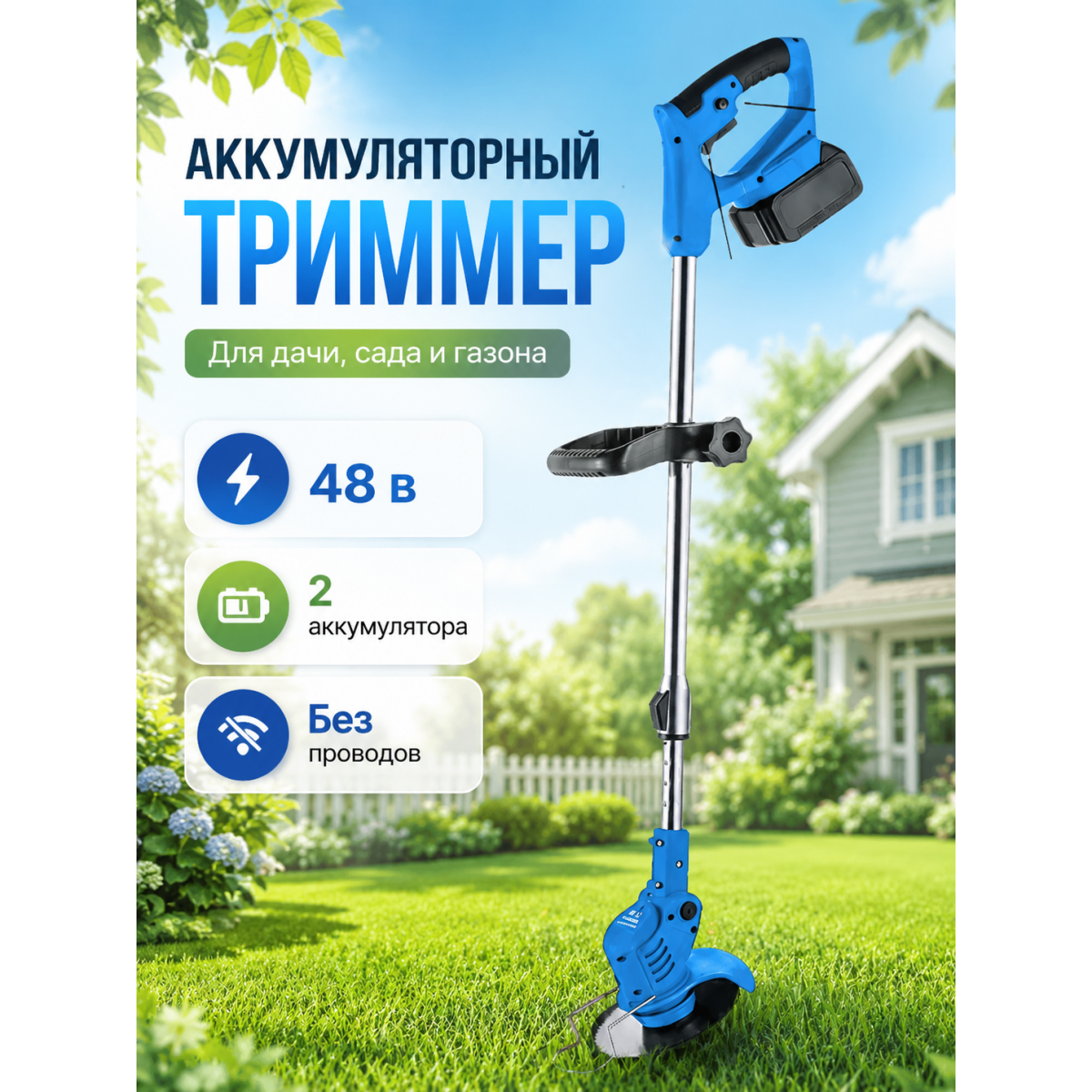 Аккумуляторный триммер садовый 48V с 2 аккумуляторами