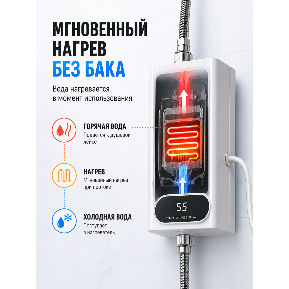 Проточный водонагреватель электрический 3500Вт с душем и дисплеем температуры
