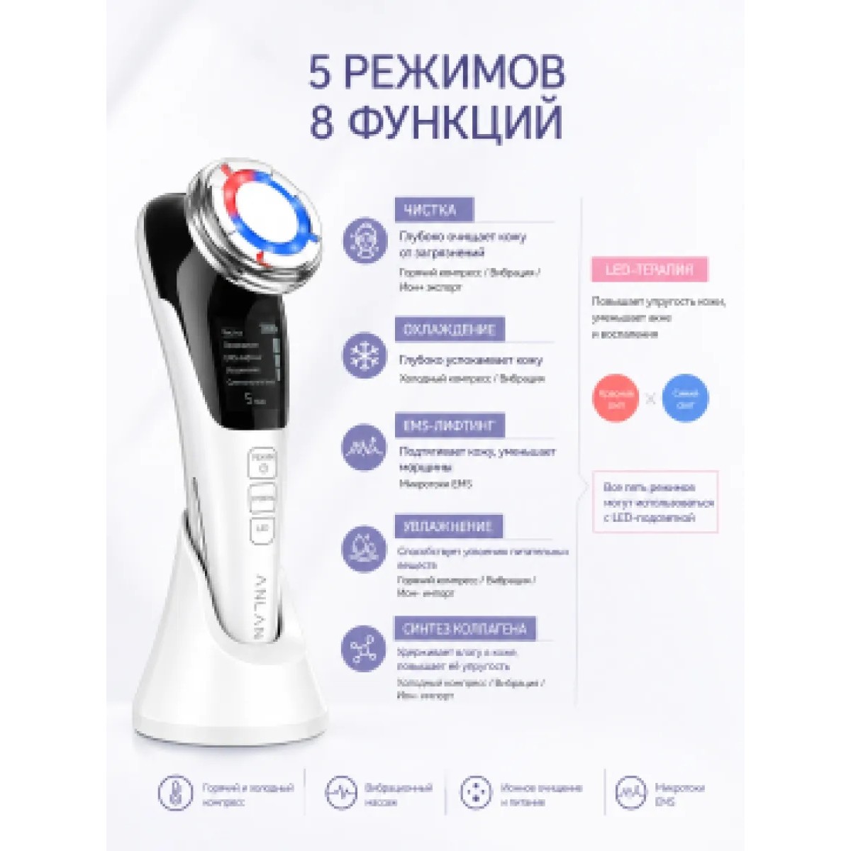 EMS массажер для лица ANLAN 7в1 с LED терапией