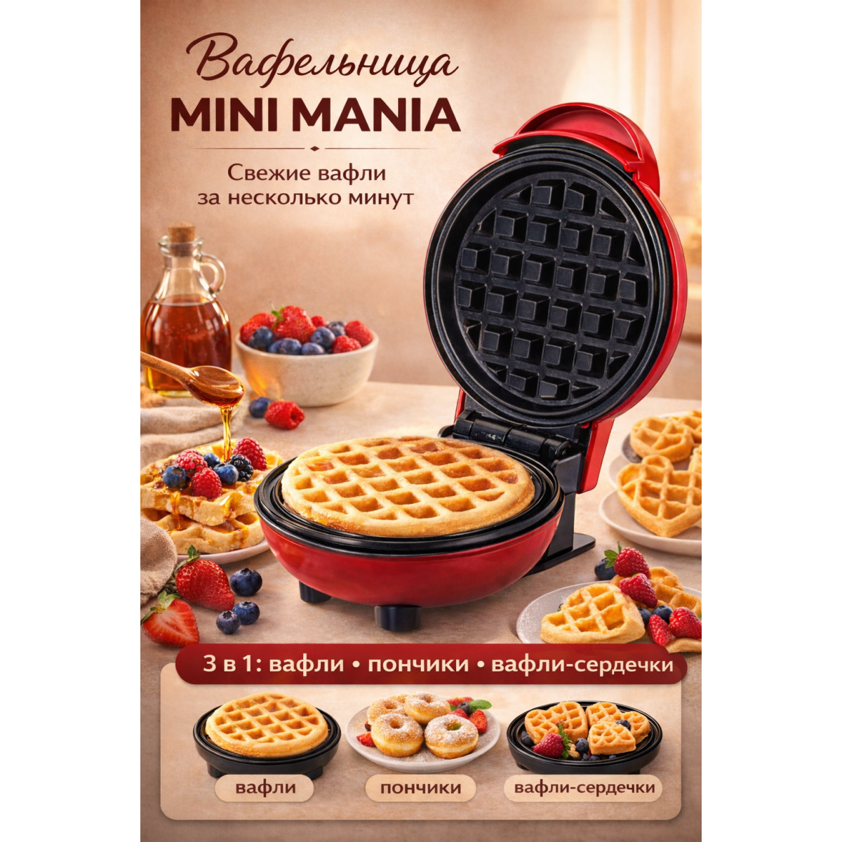 Вафельница MINI MANIA электрическая 3 в 1 для дома