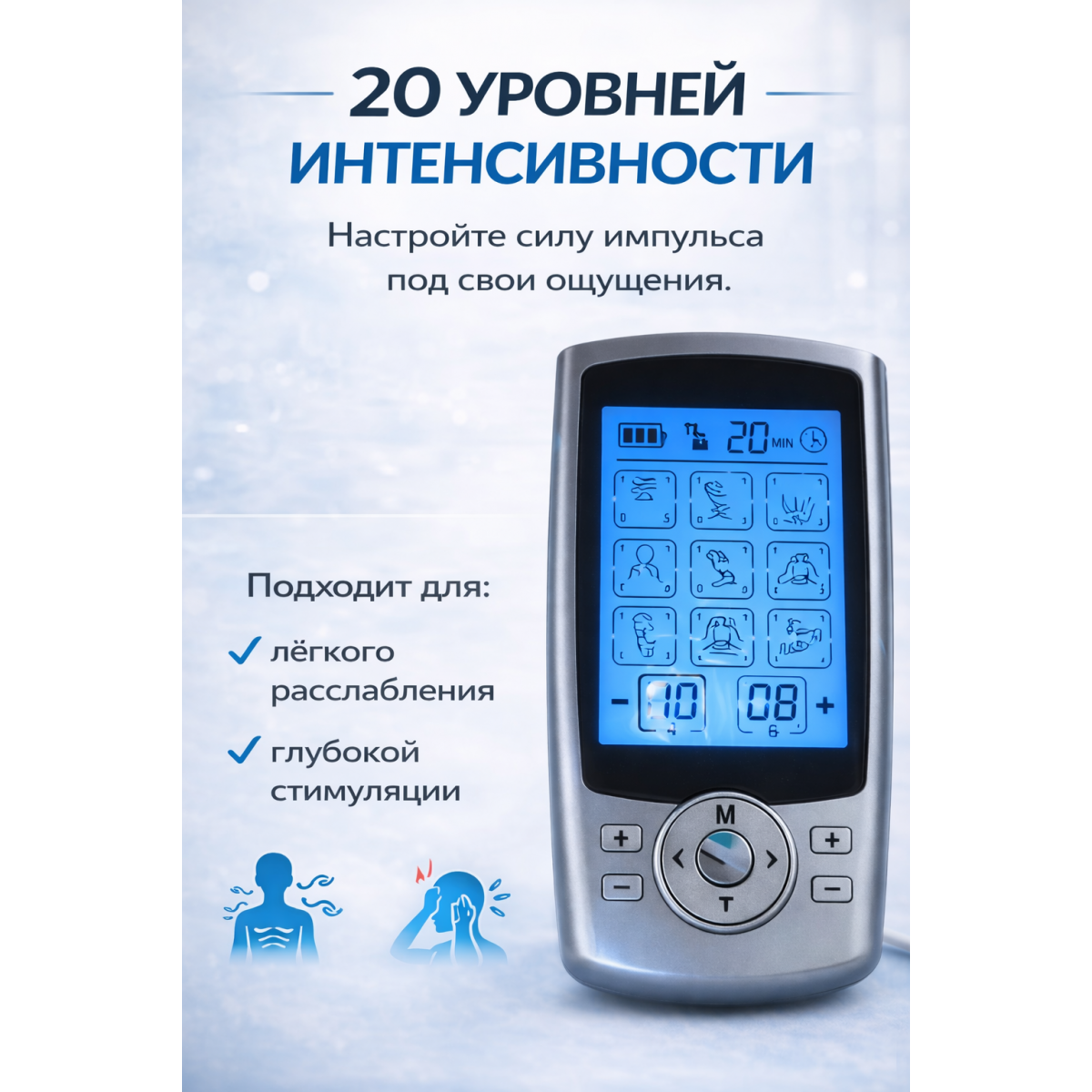 Электрический стимулятор мышц EMS TENS 2-канальный массажер с 36 режимами и 20 уровнями
