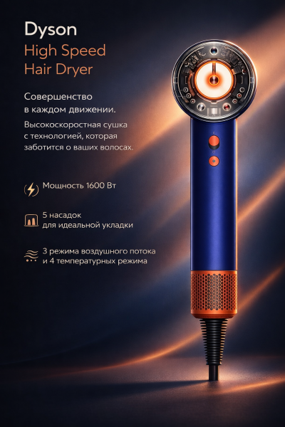 Dyson High Speed Hair Dryer с 5 насадками, сине-оранжевый Dyson High Speed Hair Dryer с 5 насадками, сине-оранжевый