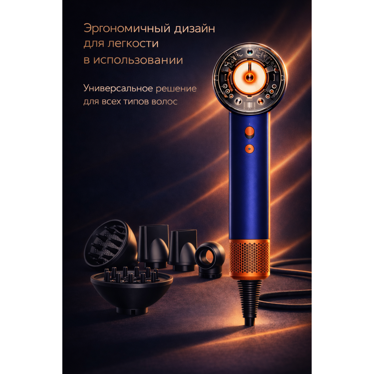 Dyson High Speed Hair Dryer с 5 насадками, сине-оранжевый