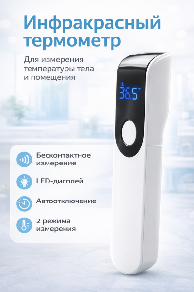 Бесконтактный инфракрасный термометр 2 в 1 — для тела и помещения, LED-дисплей, автоотключение