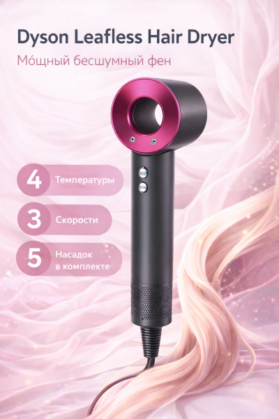 Фен стайлер для волос Dyson Leafless Hair Dryer, 5 насадок. Серо-розовый