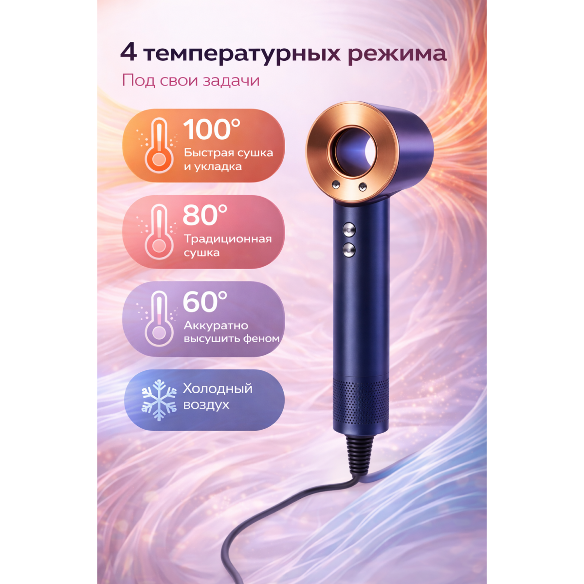 Фен стайлер для волос Dyson Leafless Hair Dryer, 5 насадок. Серо-розовый
