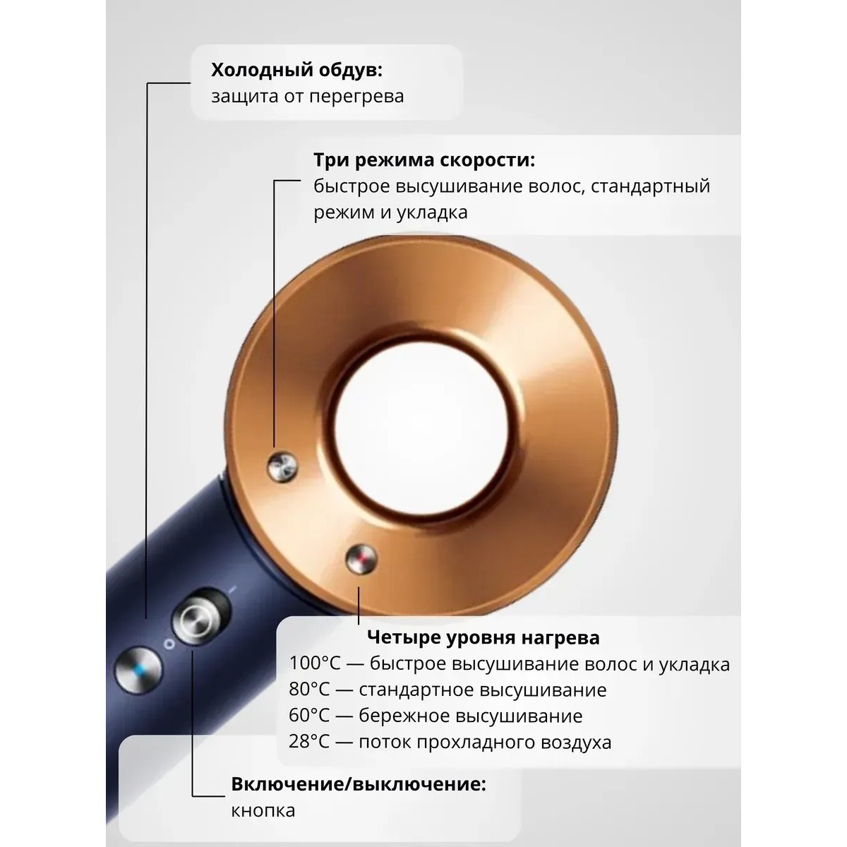 Фен стайлер для волос Dyson Leafless Hair Dryer, 5 насадок. Сине-золотой