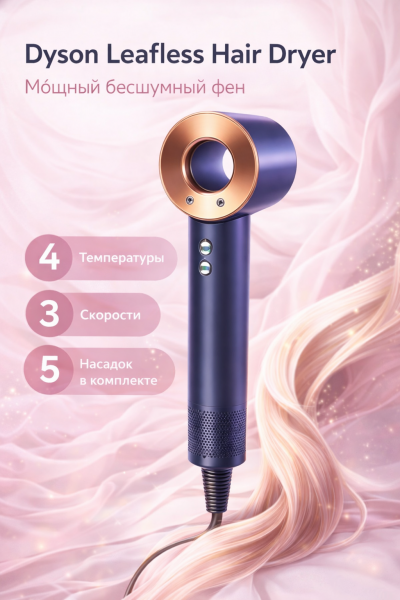 Фен стайлер для волос Dyson Leafless Hair Dryer, 5 насадок. Сине-золотой