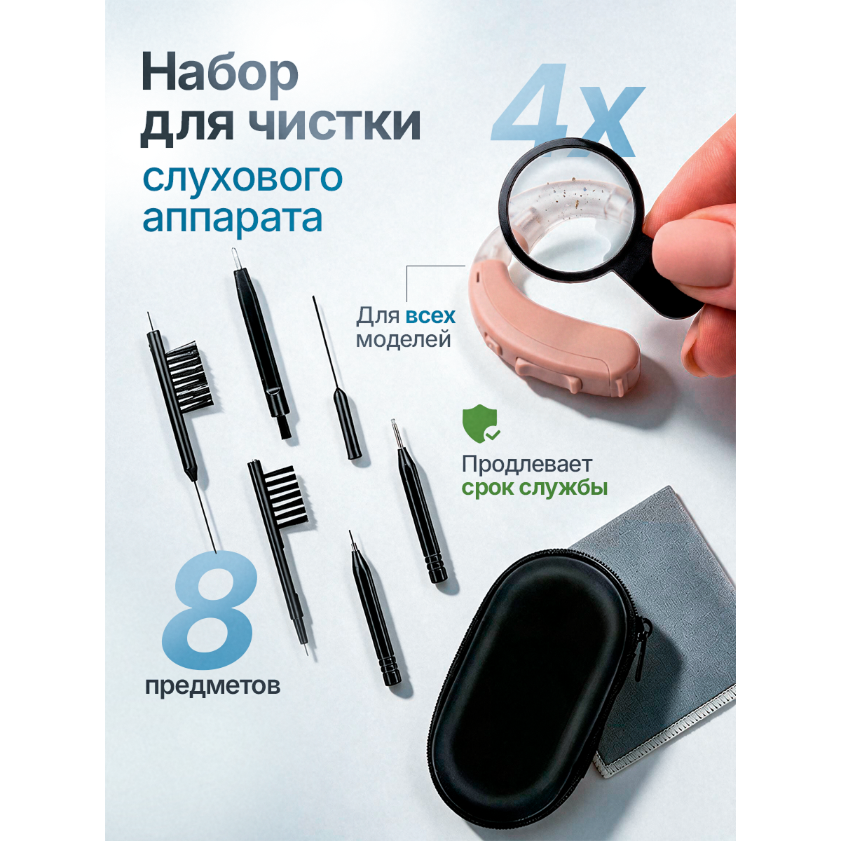 Набор для ухода и чистки слухового аппарата с лупой 4× и 6 насадками