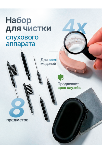 Набор для ухода и чистки слухового аппарата с лупой 4× и 6 насадками