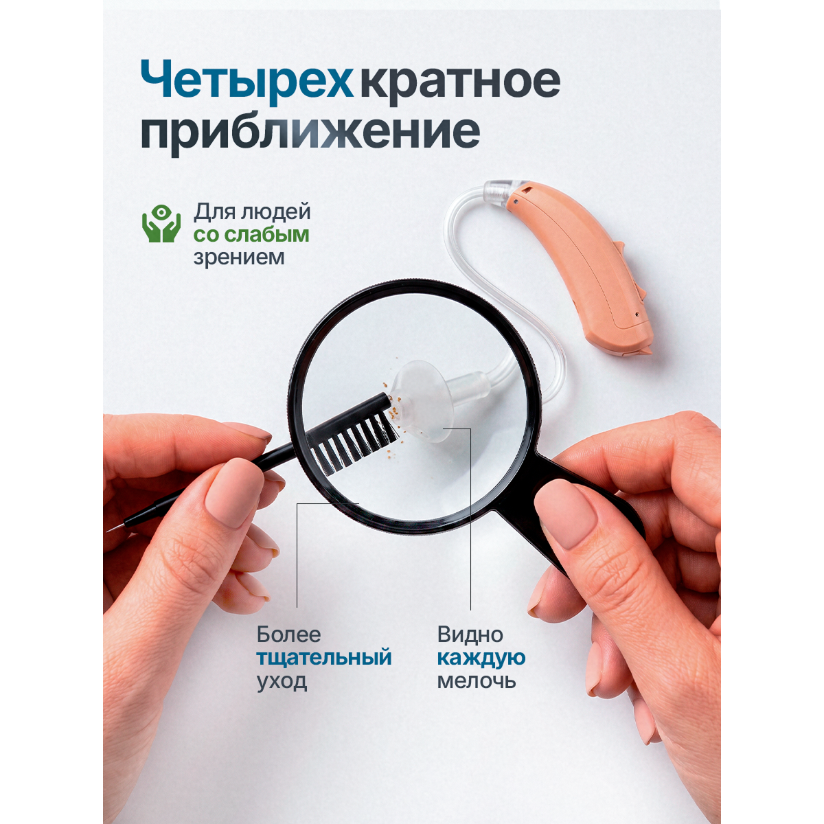 Набор для ухода и чистки слухового аппарата с лупой 4× и 6 насадками